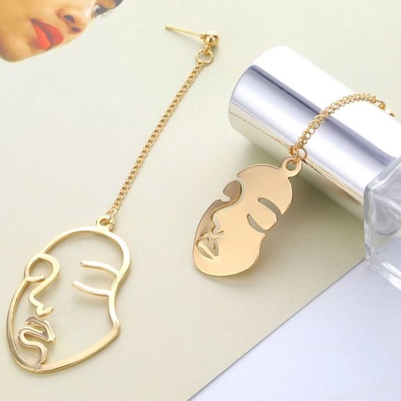NEW Unique Abstract Hallow Face Asymmetric Stud Chain Drop Dangle Earrings GOLD - Picture 6 of 8